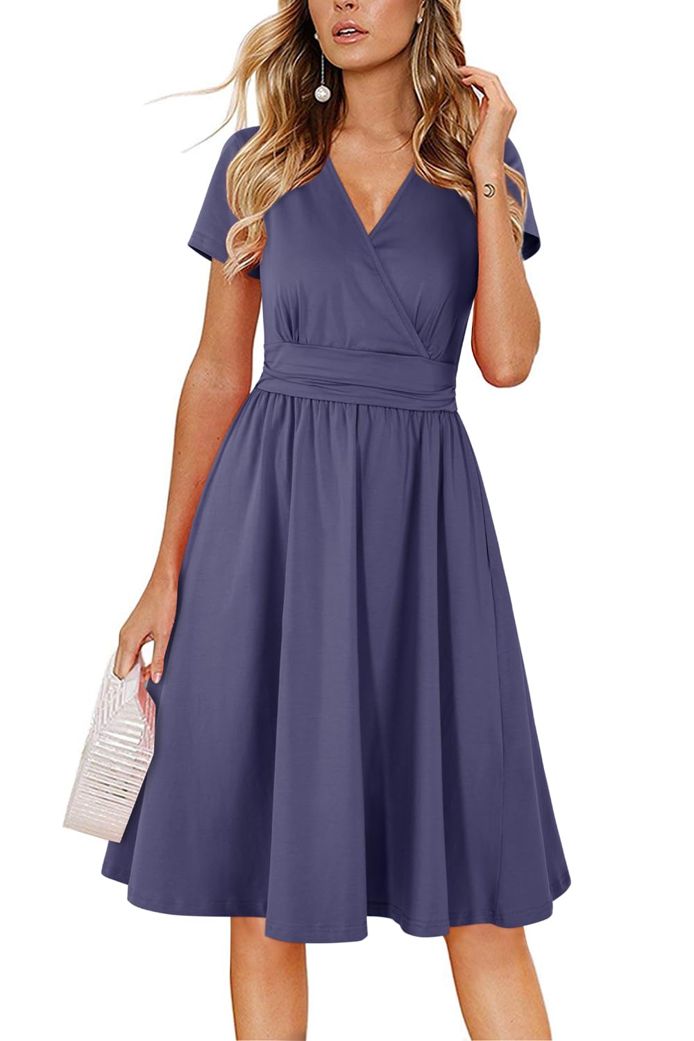 Newshows Womens Summer Short Sleeve Casual Dresses V Neck Floral Vacation Sundress Faux Wrap Midi Dress with Pockets