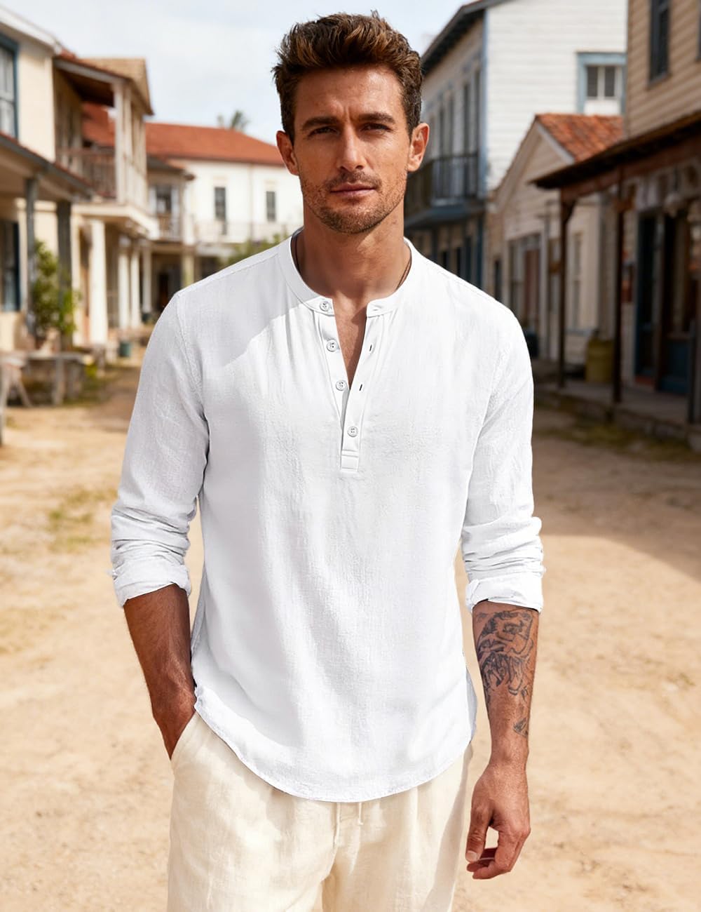 Men's Linen Shirts Henley T-Shirts Long Sleeve Casual Beach T-Shirts Solid Tops Shirts for Men