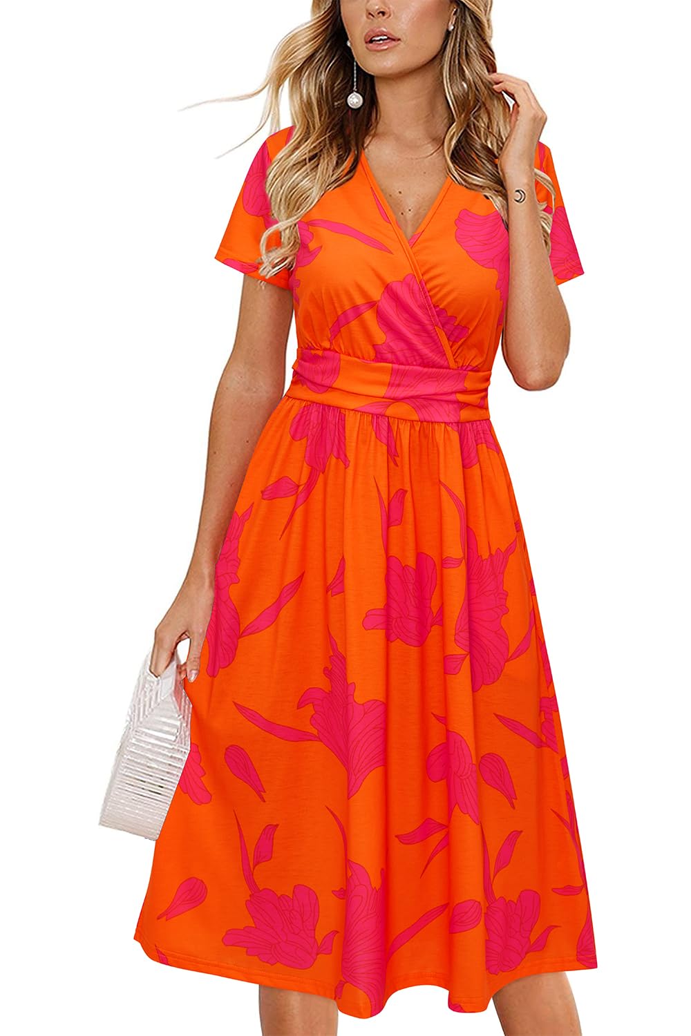 Newshows Womens Summer Short Sleeve Casual Dresses V Neck Floral Vacation Sundress Faux Wrap Midi Dress with Pockets