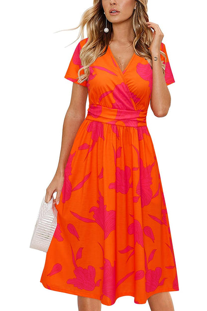 Newshows Womens Summer Short Sleeve Casual Dresses V Neck Floral Vacation Sundress Faux Wrap Midi Dress with Pockets