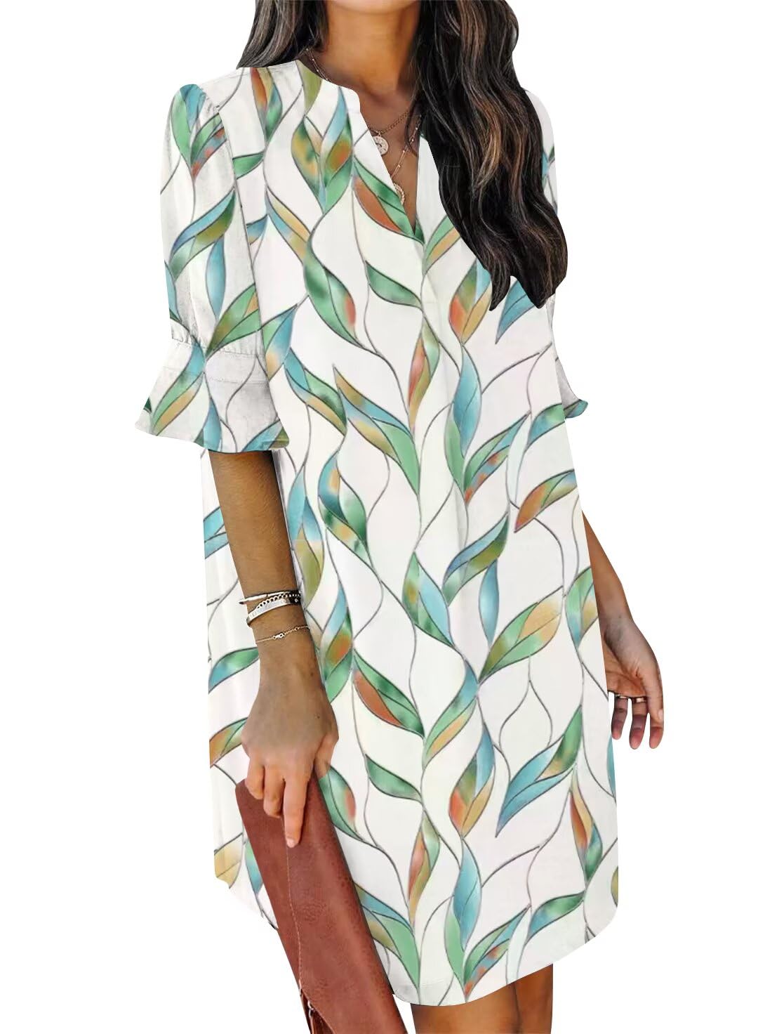 QACOHU Summer Dresses for Women V Neck Ruffle Short Sleeve Casual Shift Dress