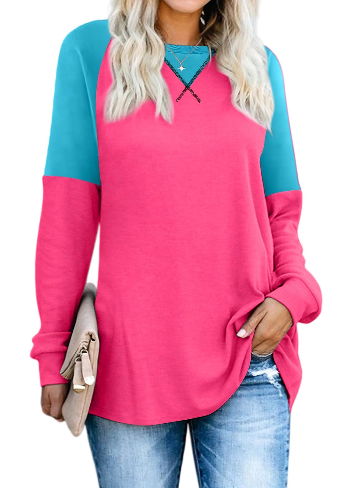 YEXIPO Womens Long Sleeve Shirts Casual Loose Fit Crew Neck Color Block Fall Fashion 2024 Tunic Tops