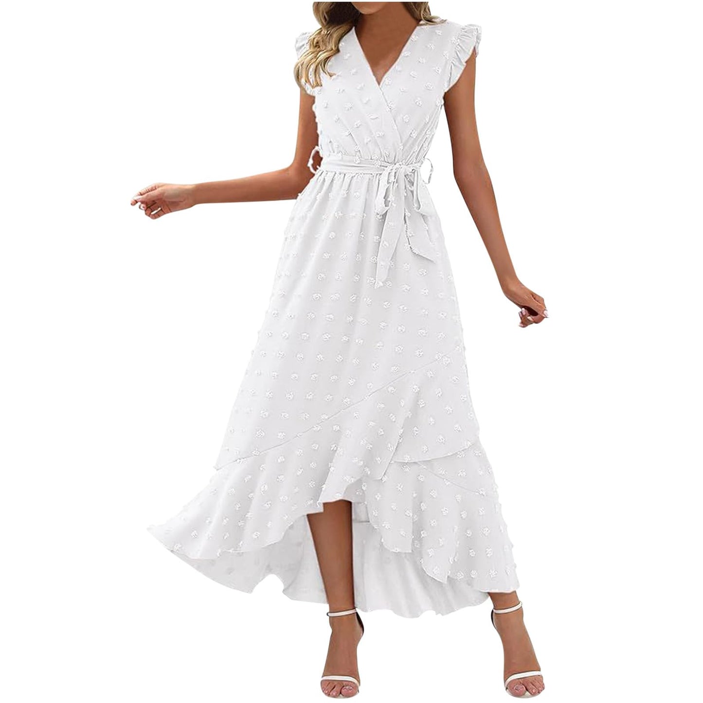 Women's Swiss Dot Dress Criss Cross V Neck Ruffle Wrap Dress Sleeveless Side Split Swing Flowy Long Maxi Dresses