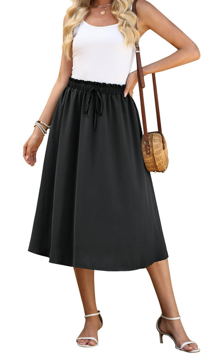 WEACZZY Women's Flowy Midi Skirt Drawstring Elastic A-Line Pleated Design | Two Side Pockets, High-Waist, Lightweight Stretch Polyester, Breathable Comfortable, Casual Beach, Work & Party Summer Skirt