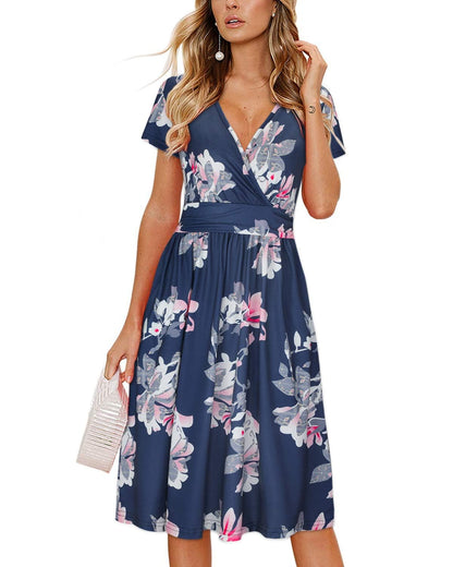 OUGES Casual Summer Dress for Women Wrap V Neck A Line Midi Dresses with Pockets