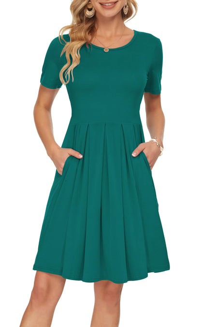 AUSELILY Women's Short Sleeve Summer Dress Pleated Loose Swing Knee Length Dresses with Pockets 2026 New