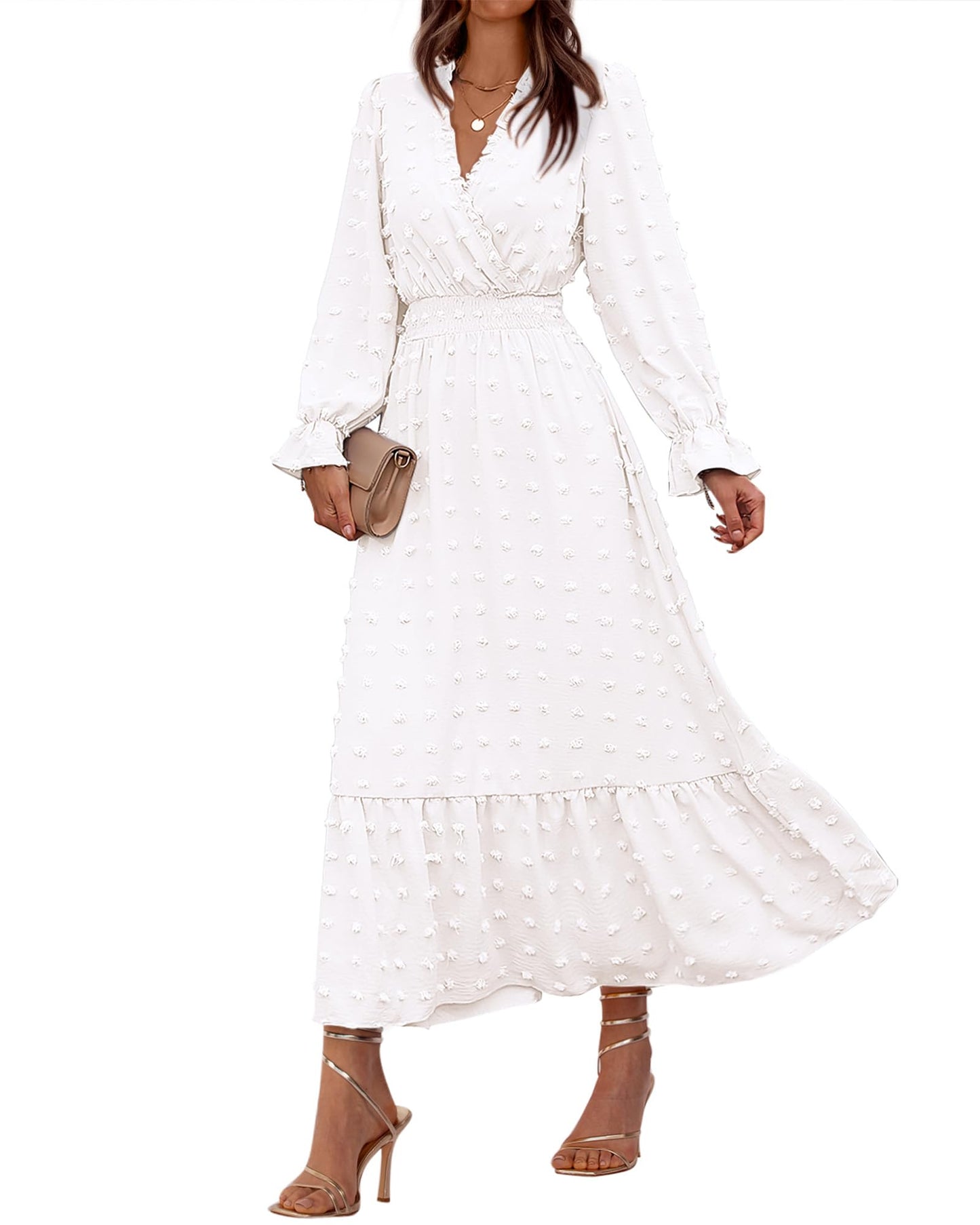 BTFBM Women Fall Maxi Dresses 2026 Long Sleeve V Neck Swiss Dots High Waisted A-Line Ruffle Boho Long Dress Vacation