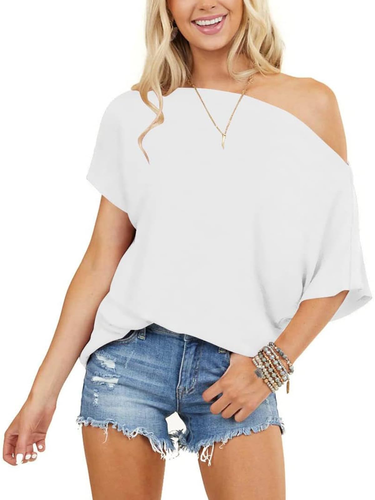 Off the Shoulder Tops for Women Short Sleeve Batwing Shirts Oversized Tee Tunic Summer Casual Loose Fit