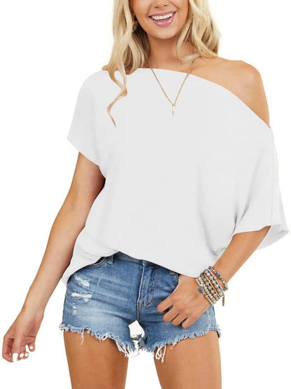 Off the Shoulder Tops for Women Short Sleeve Batwing Shirts Oversized Tee Tunic Summer Casual Loose Fit