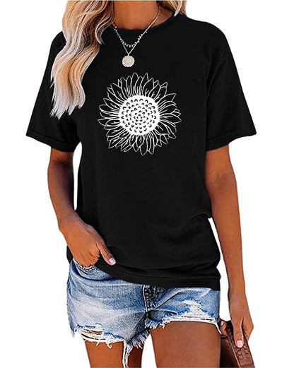 MaQiYa Womens Cute Sunflower Graphic Printed Tee Shirts Vintage Short Sleeve Cotton Shirts Tops