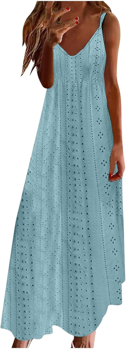 Women Strap Summer Dress Eyelet V Neck Spaghetti Midi Dresses Casual Solid A-Line Flowy Sundress Beach