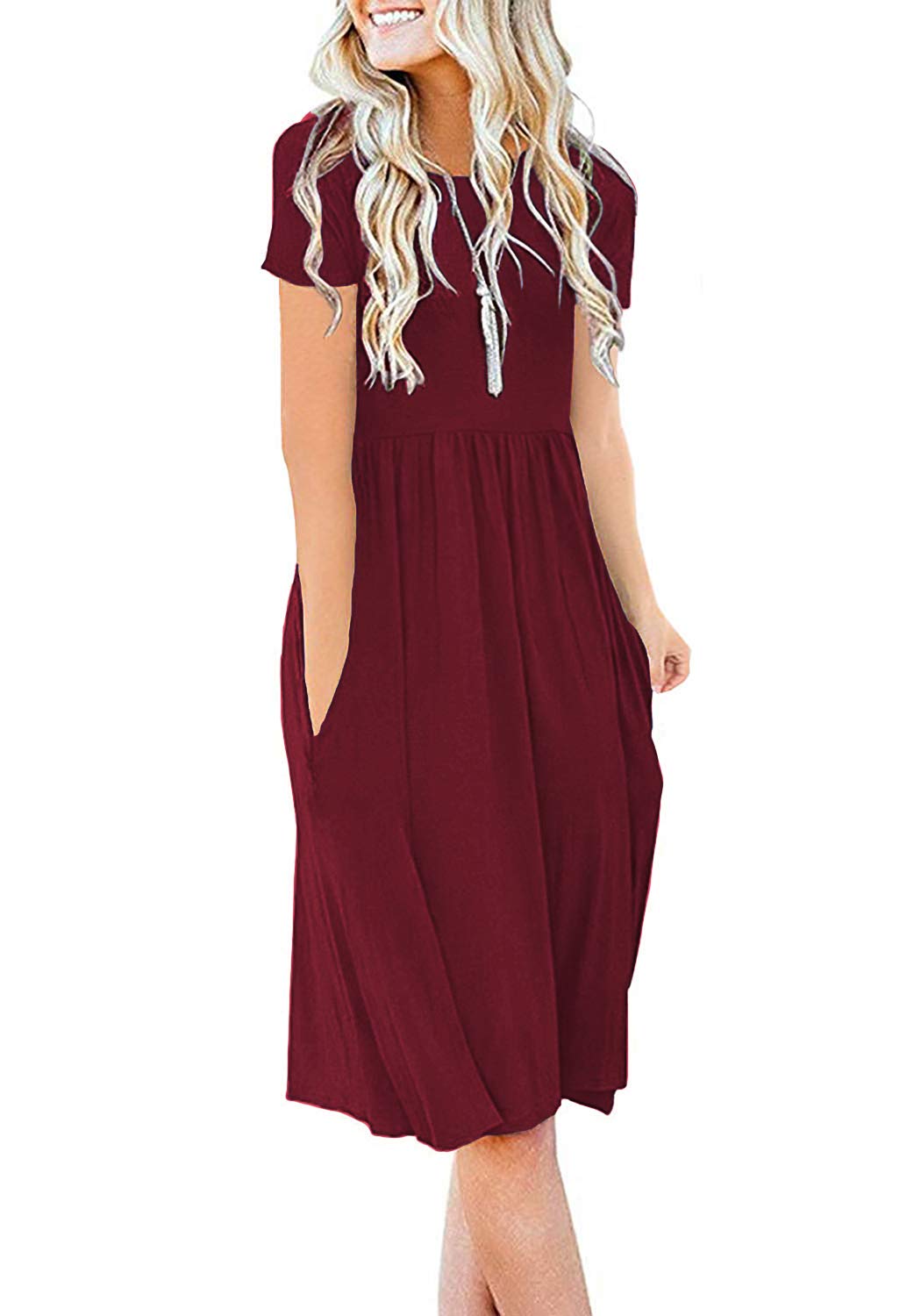 DB MOON Women Summer Casual Short Sleeve Dresses Empire Waist Dress with Pockets