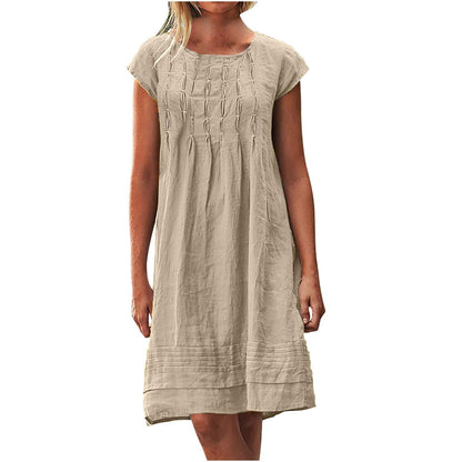 Cotton Linen Dress for Women Plus Size Pleated Dresses Casual Round Neck Short Sleeve Sundress Beach Vacation Dress