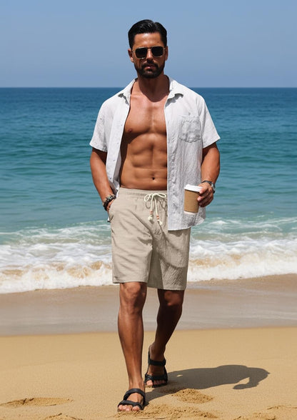 Sailwind Men’s Linen Shorts Casual Summer Elastic Waist Drawstring Lightweight Beach Vacation Shorts with Pockets
