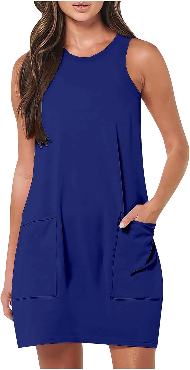 Summer Dresses for Women Beach Tshirt Sundress Baggy Sleeveless Tank Dress with Pocket, Solid Loose Cami Sun Dress