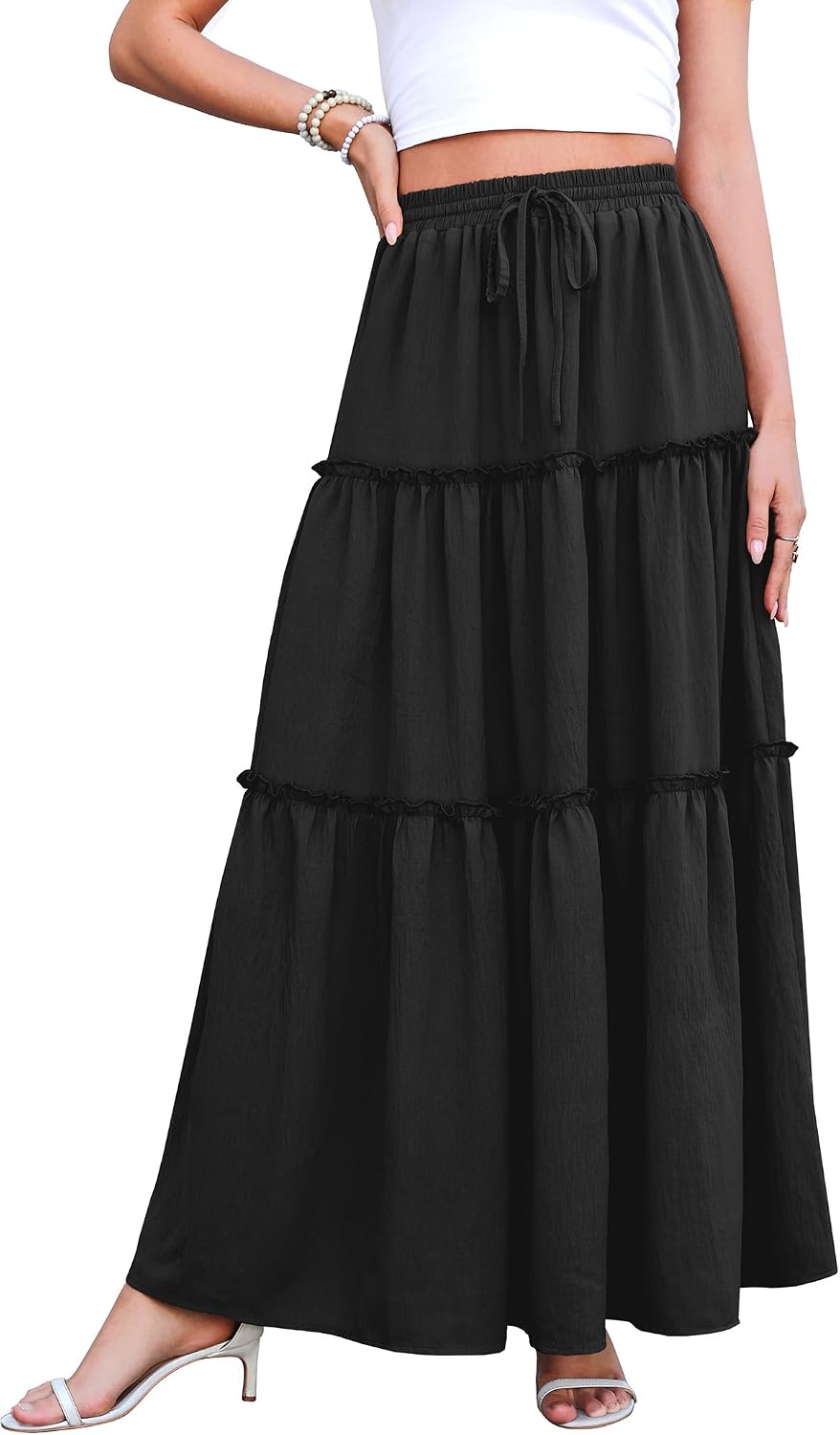 WEACZZY Womens Casual High Waisted Maxi Skirts with Pockets Flowy Boho Tiered Pleated Skirt for Spring Summer Travel Vacation