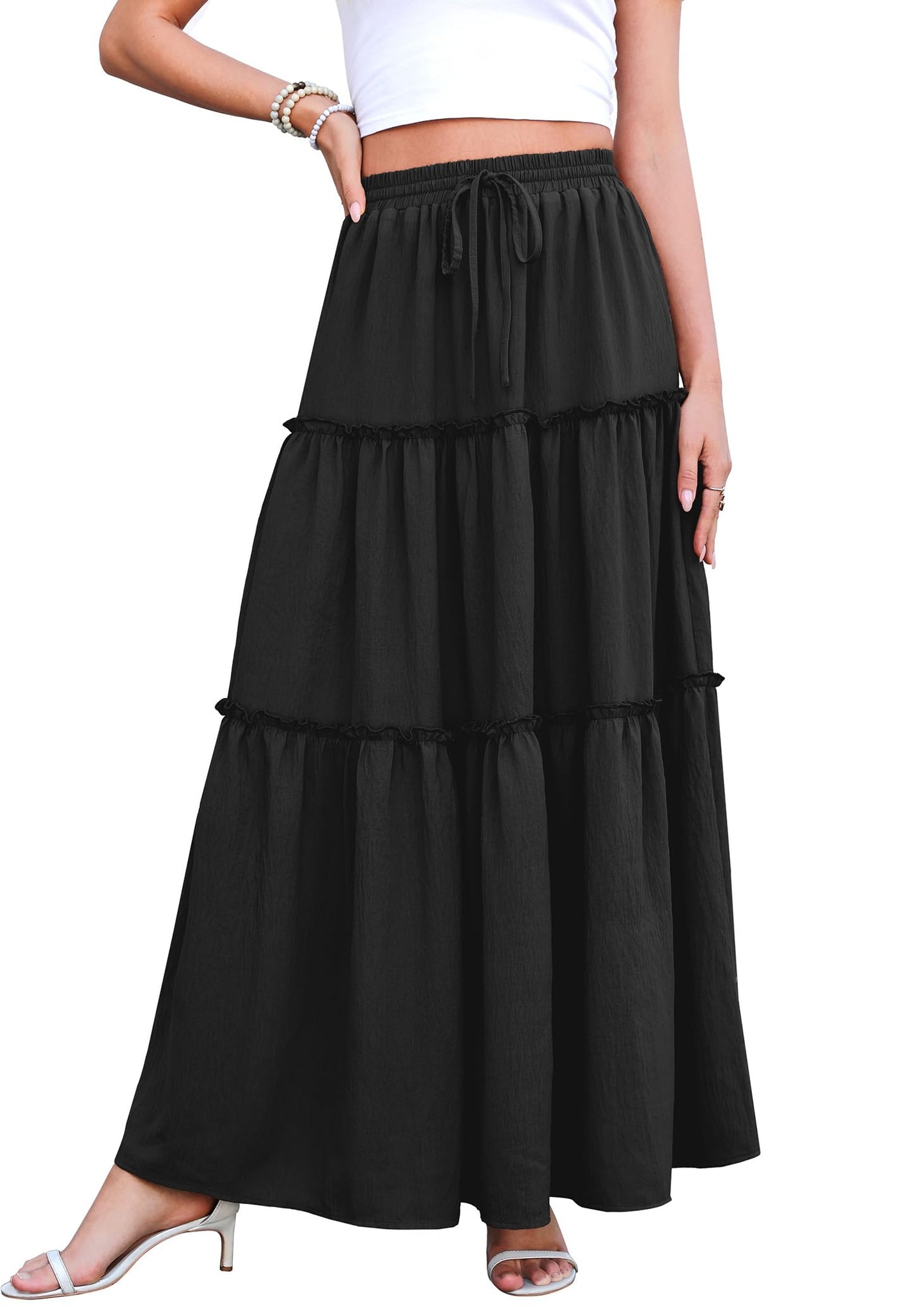WEACZZY Womens Casual High Waisted Maxi Skirts with Pockets Flowy Boho Tiered Pleated Skirt for Spring Summer Travel Vacation