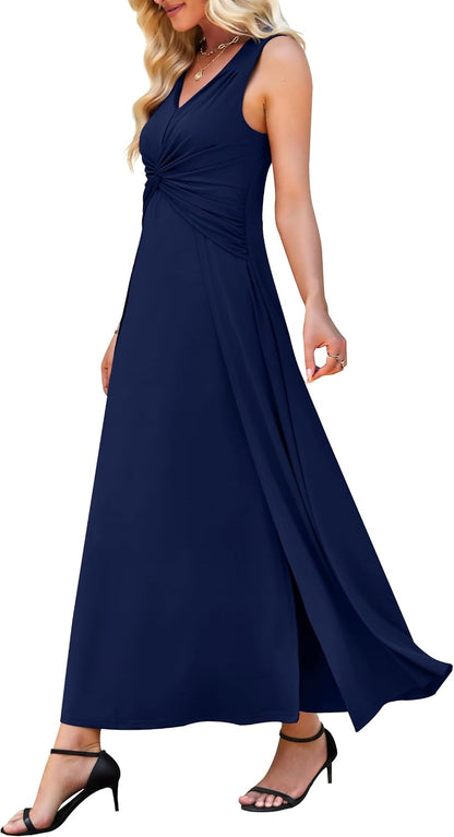 WEACZZY Women's Formal Maxi Dress Sleeveless Pleated Cocktail Evening Gown | Deep V-neck, Slimming, Flowing, Elegant, Double Splits, Lightweight Stretch, Polyester Blend, Does Not Show Through