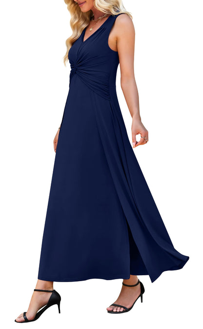 WEACZZY Women's Formal Maxi Dress Sleeveless Pleated Cocktail Evening Gown | Deep V-neck, Slimming, Flowing, Elegant, Double Splits, Lightweight Stretch, Polyester Blend, Does Not Show Through