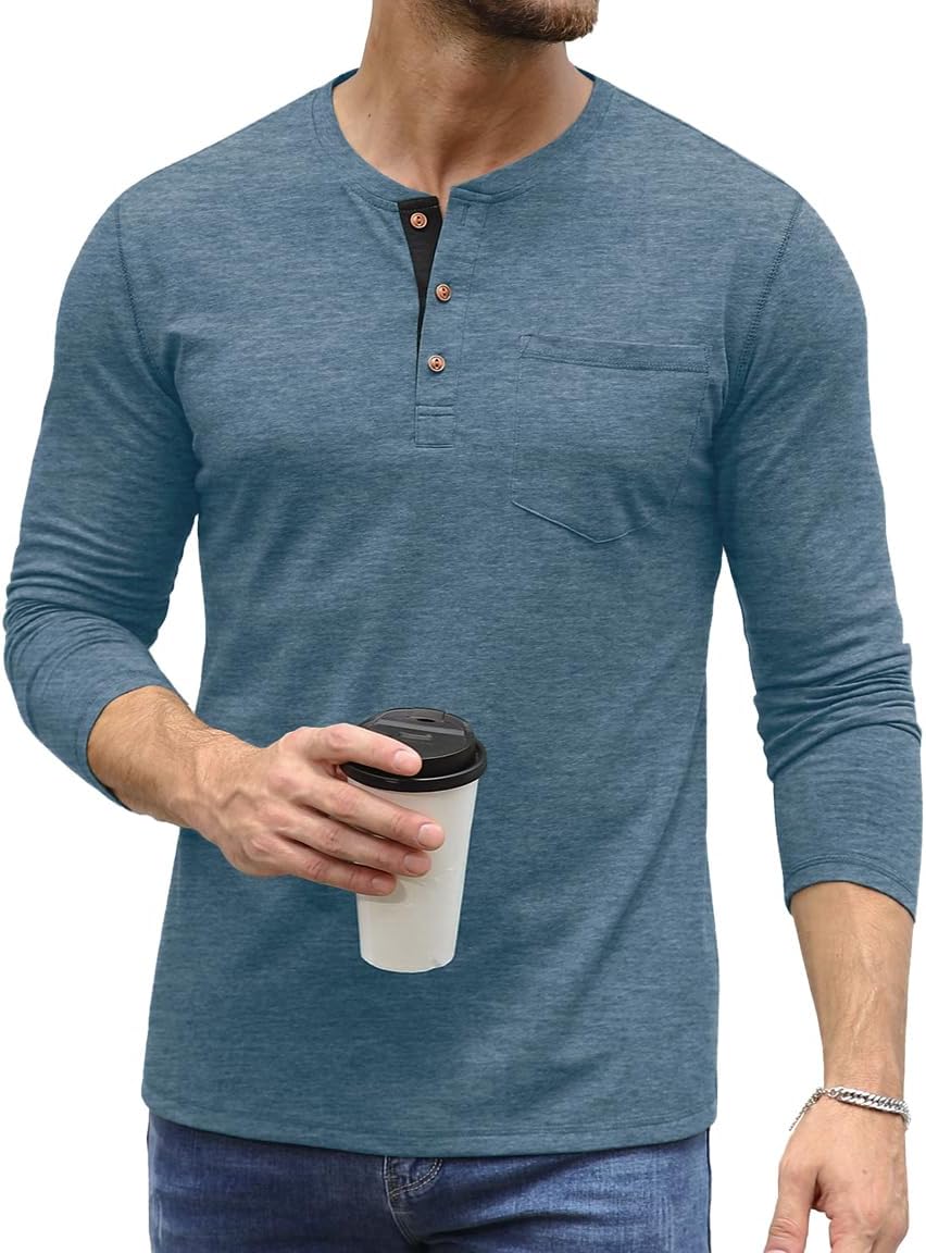Sailwind Mens Henley Long Sleeve T-Shirt Cotton Casual Shirt with Pocket