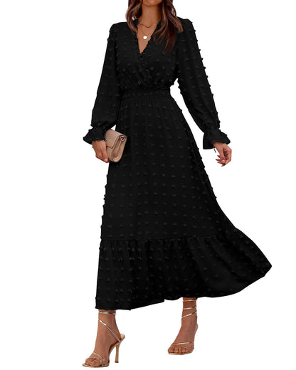 BTFBM Women Fall Maxi Dresses 2026 Long Sleeve V Neck Swiss Dots High Waisted A-Line Ruffle Boho Long Dress Vacation
