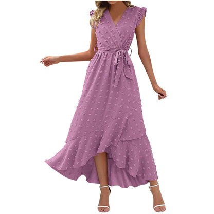 Women's Swiss Dot Dress Criss Cross V Neck Ruffle Wrap Dress Sleeveless Side Split Swing Flowy Long Maxi Dresses