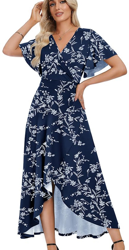 WEACZZY Women V Neck Ruffle Sleeve Maxi Dresses Split Elegant Slim Wrap Waist Wedding Guest Dress Elegant Casual Dresses 2026