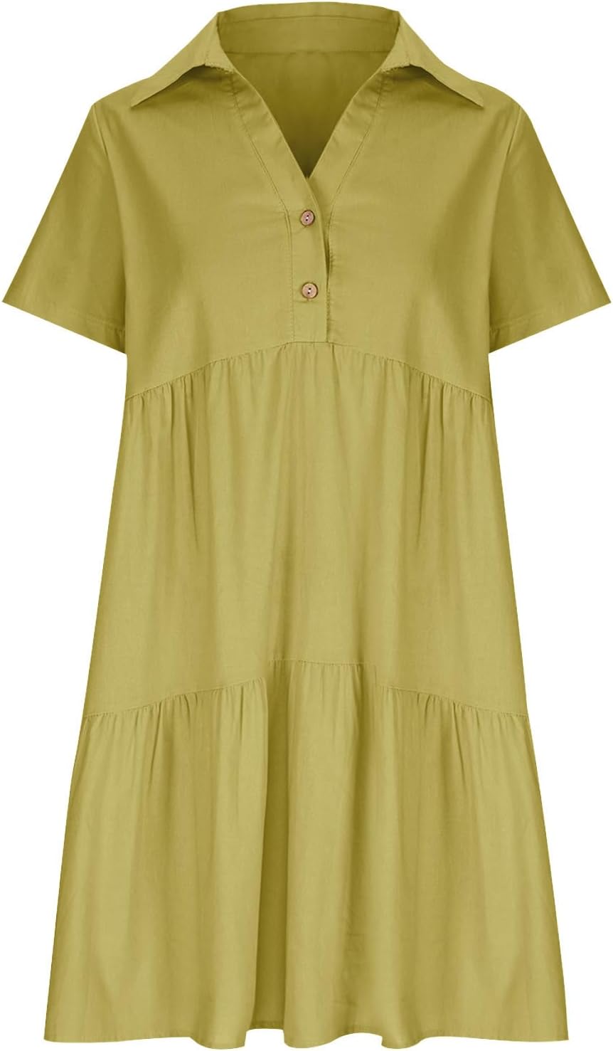 Women's Pleated Flowy T Shirt Dresses Plus Size V Neck Button Up Short Sleeve Midi Dress Loose Fit Tiered Sundress