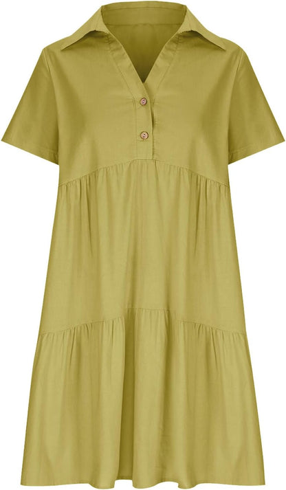 Women's Pleated Flowy T Shirt Dresses Plus Size V Neck Button Up Short Sleeve Midi Dress Loose Fit Tiered Sundress