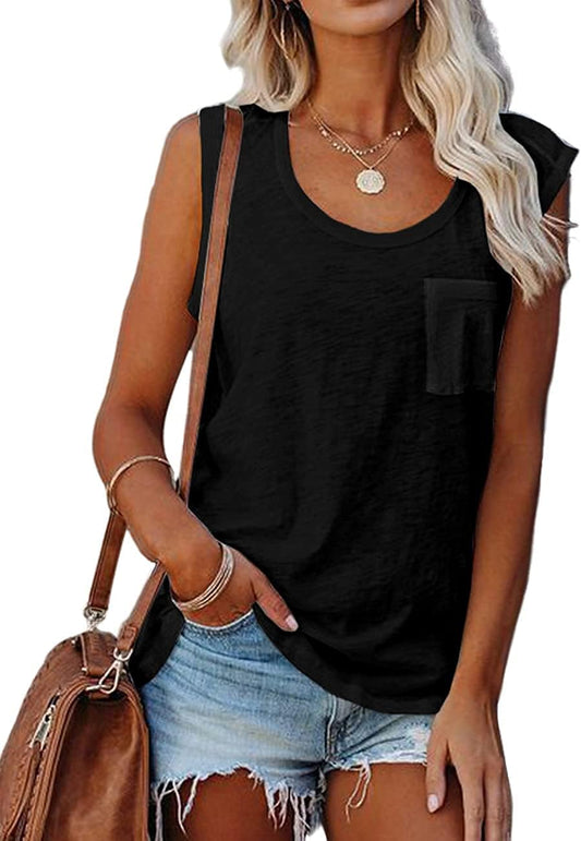 YEXIPO Womens Summer Tank Tops Sleeveless Scoop Neck Loose Fit Cotton Workout Tank Tops with Pocket