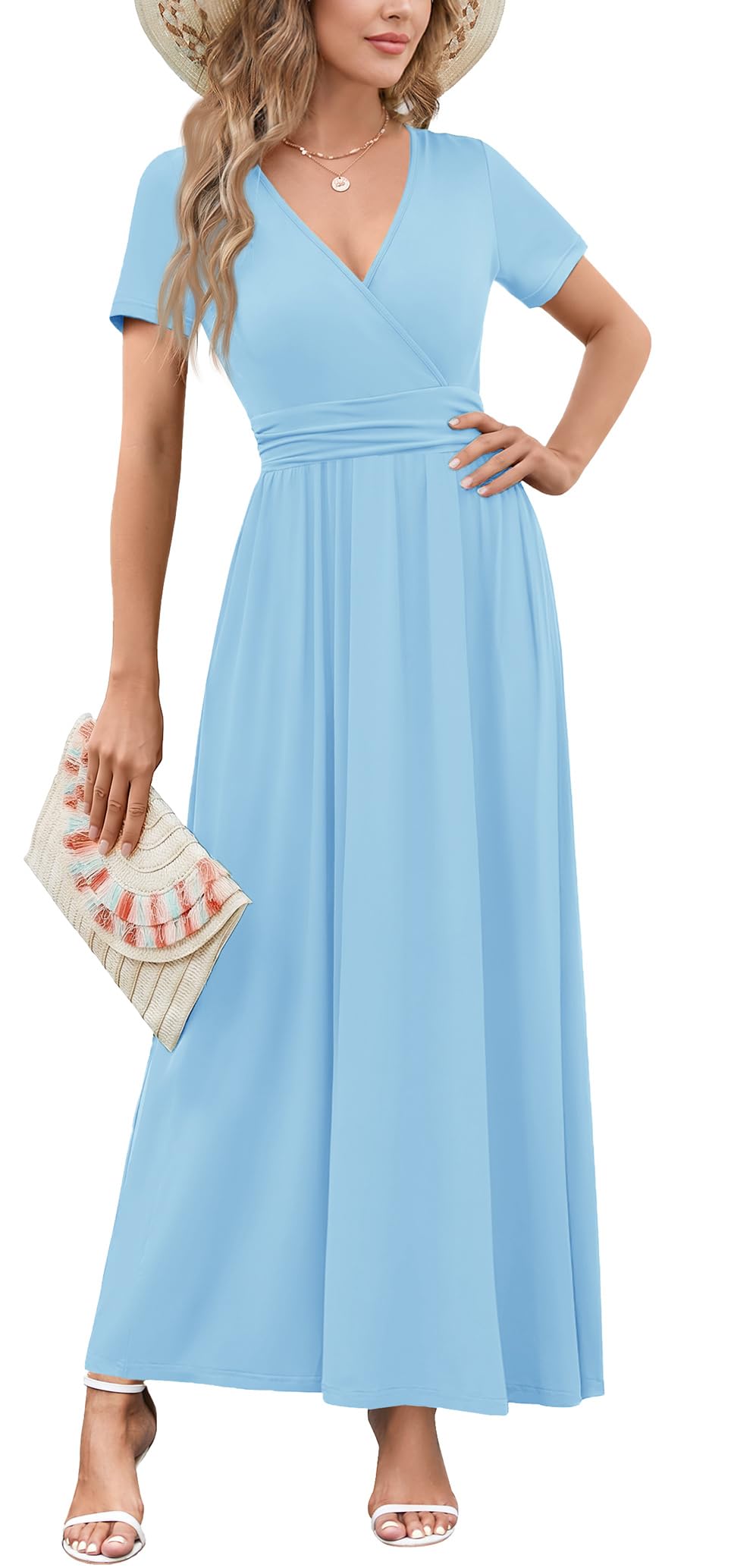 WEACZZY 2026 Summer Long Dresses for Women Wrap Empire Pleated Waist V Neck Short Sleeve Elegant Maxi Dress with Pockets