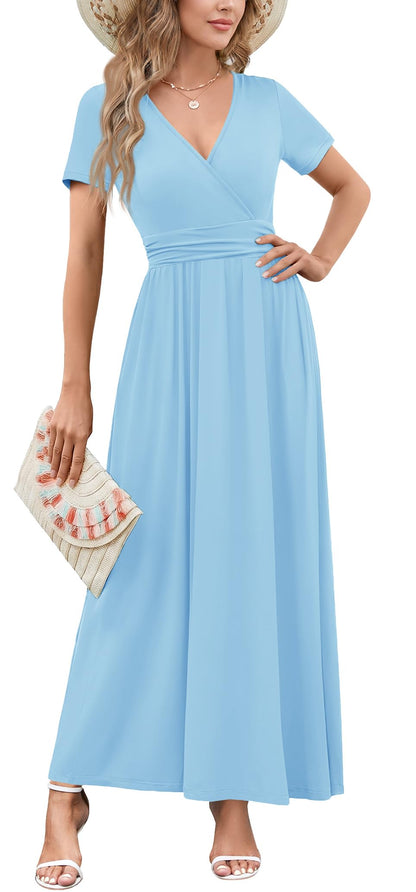 WEACZZY 2026 Summer Long Dresses for Women Wrap Empire Pleated Waist V Neck Short Sleeve Elegant Maxi Dress with Pockets