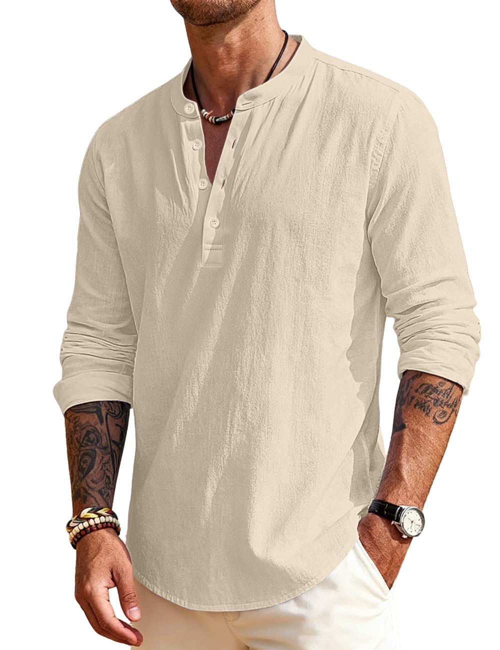 Men's Linen Shirts Henley T-Shirts Long Sleeve Casual Beach T-Shirts Solid Tops Shirts for Men