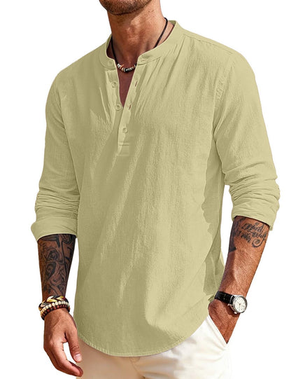 Men's Linen Shirts Henley T-Shirts Long Sleeve Casual Beach T-Shirts Solid Tops Shirts for Men