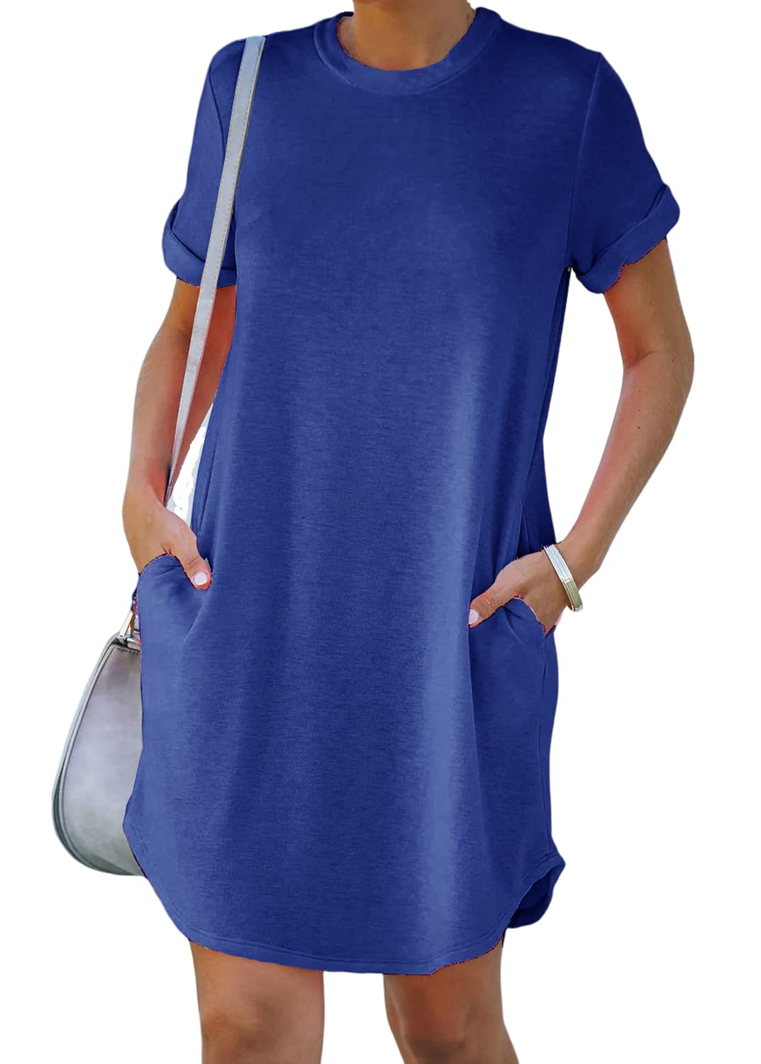 YEXIPO Women's Casual Summer Short Sleeve T Shirt Dress Nightgown Crew Neck Loose Solid Color Basic Dresses with Pockets