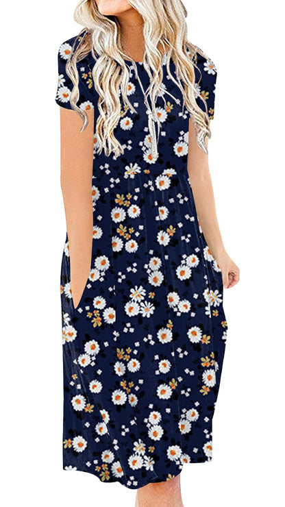 DB MOON Women Summer Casual Short Sleeve Dresses Empire Waist Dress with Pockets