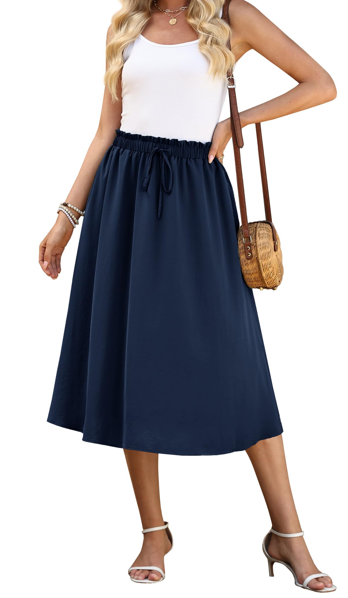 WEACZZY Women's Flowy Midi Skirt Drawstring Elastic A-Line Pleated Design | Two Side Pockets, High-Waist, Lightweight Stretch Polyester, Breathable Comfortable, Casual Beach, Work & Party Summer Skirt