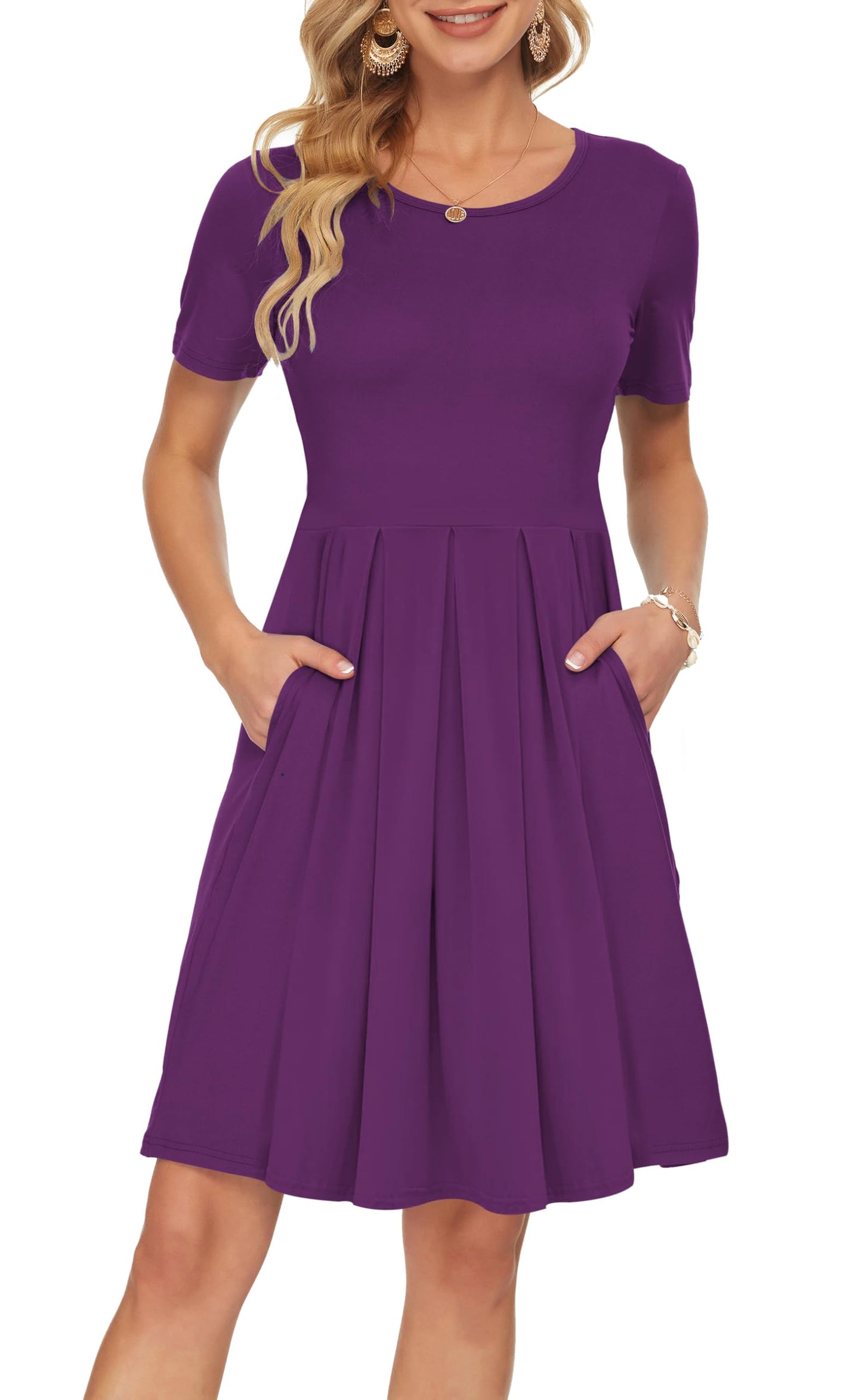 AUSELILY Women's Short Sleeve Summer Dress Pleated Loose Swing Knee Length Dresses with Pockets 2026 New