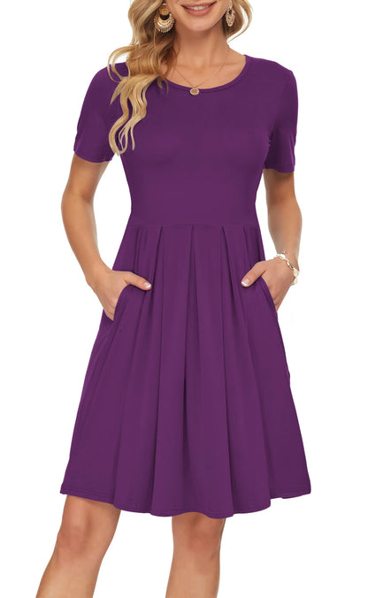 AUSELILY Women's Short Sleeve Summer Dress Pleated Loose Swing Knee Length Dresses with Pockets 2026 New