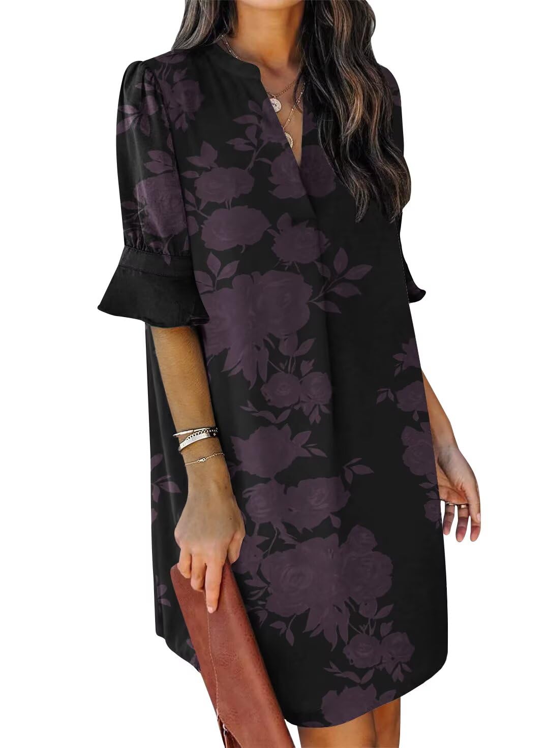 QACOHU Summer Dresses for Women V Neck Ruffle Short Sleeve Casual Shift Dress