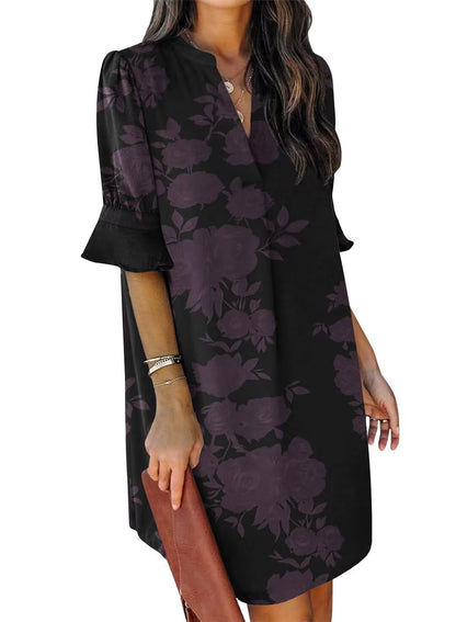 QACOHU Summer Dresses for Women V Neck Ruffle Short Sleeve Casual Shift Dress
