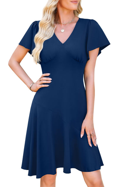 WEACZZY Casual Dresses for Women Flowy V Neck Ruffle Short Sleeves Flare Cocktail Party Dress Asymmetry Ruffle Hem