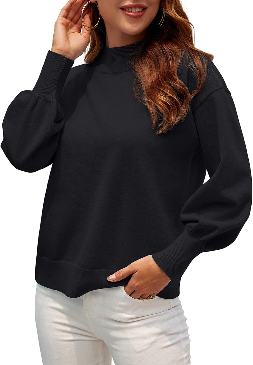 WEACZZY Women's 2026 Fall Fashion Casual Sweaters Mock Neck Long Lantern Sleeve Lightweight Knit Pullover Sweater Tops