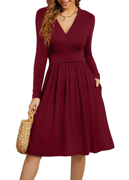 WEACZZY Women's 2026 Fall Long Sleeve Casual Dresses Wrap V-Neck Semi Formal Party Dress with Pockets
