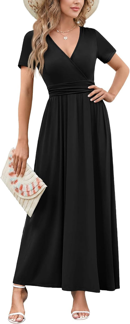 WEACZZY 2026 Summer Long Dresses for Women Wrap Empire Pleated Waist V Neck Short Sleeve Elegant Maxi Dress with Pockets