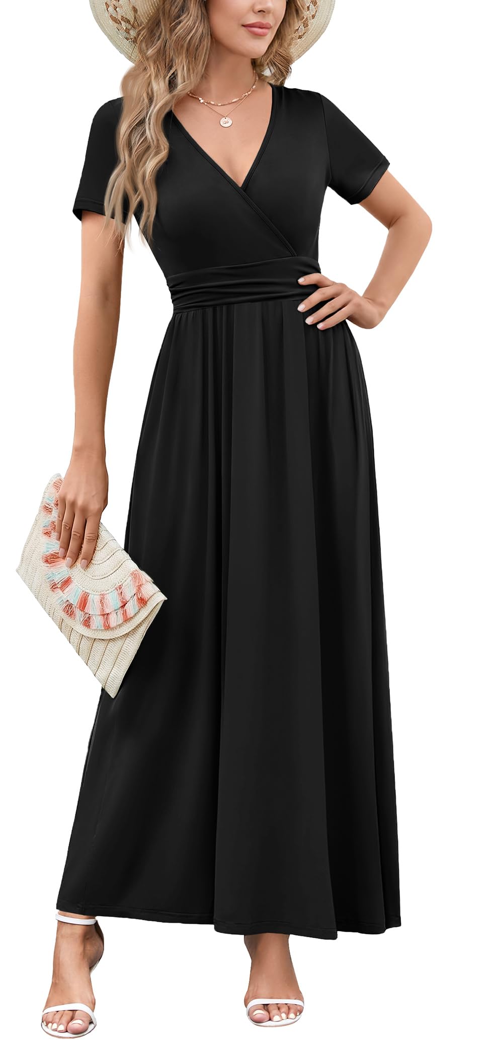 WEACZZY 2026 Summer Long Dresses for Women Wrap Empire Pleated Waist V Neck Short Sleeve Elegant Maxi Dress with Pockets