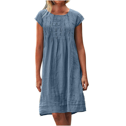 Cotton Linen Dress for Women Plus Size Pleated Dresses Casual Round Neck Short Sleeve Sundress Beach Vacation Dress
