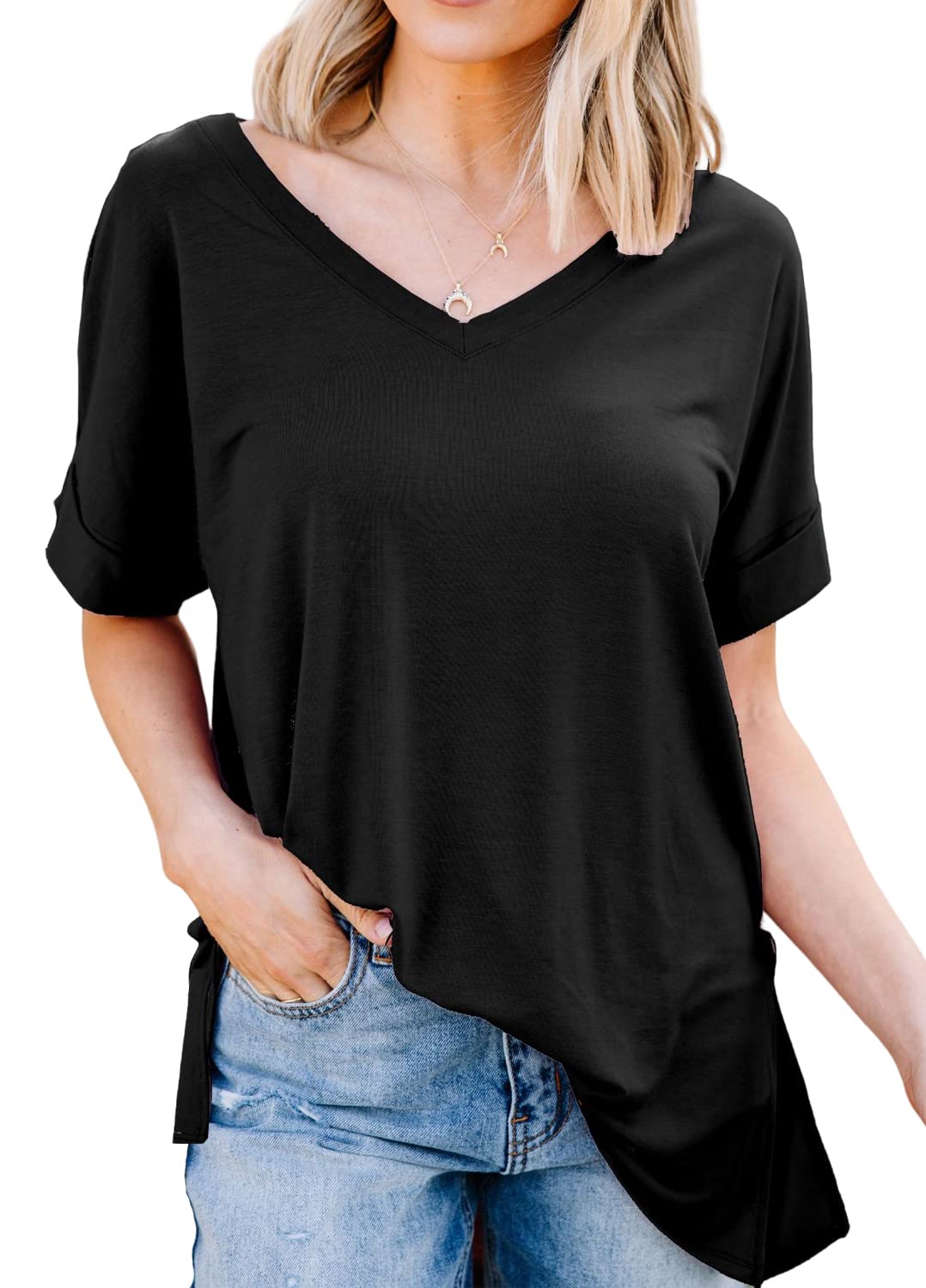 YEXIPO Women's V Neck T Shirts Short Sleeve Summer Tops Casual Loose Fit Solid Tee Tunic Tops