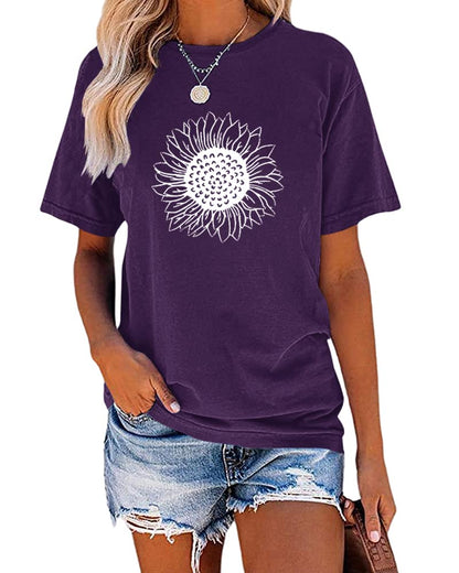 MaQiYa Womens Cute Sunflower Graphic Printed Tee Shirts Vintage Short Sleeve Cotton Shirts Tops