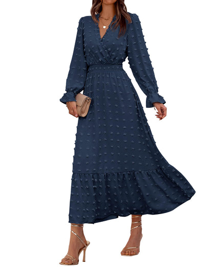 BTFBM Women Fall Maxi Dresses 2026 Long Sleeve V Neck Swiss Dots High Waisted A-Line Ruffle Boho Long Dress Vacation